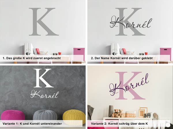 Verschiedene Anordnungen des Wandtattoos Kornél
