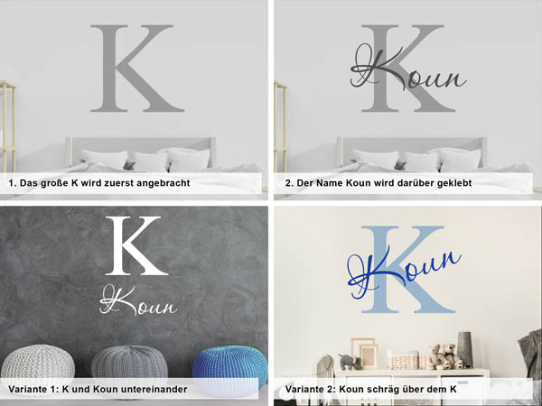 Verschiedene Anordnungen des Wandtattoos Koun