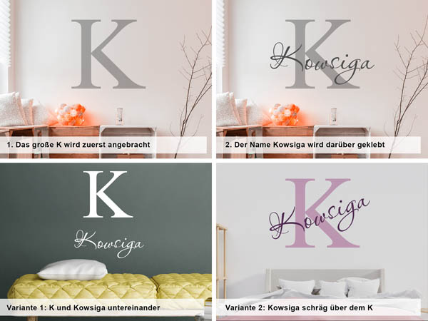 Verschiedene Anordnungen des Wandtattoos Kowsiga
