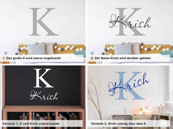 Verschiedene Anordnungen des Wandtattoos Krish