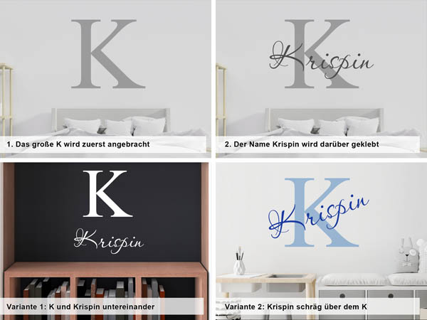 Verschiedene Anordnungen des Wandtattoos Krispin