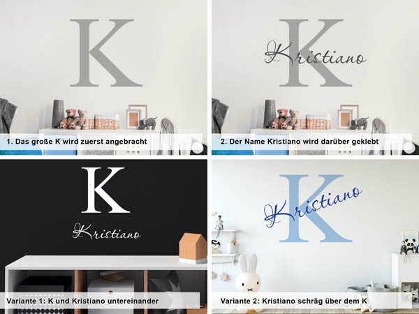 Verschiedene Anordnungen des Wandtattoos Kristiano