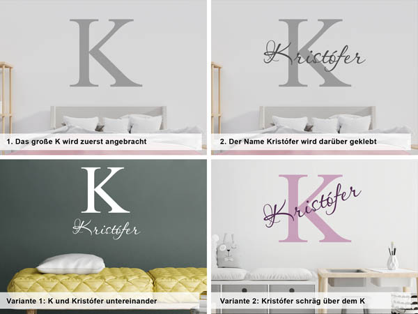 Verschiedene Anordnungen des Wandtattoos Kristófer