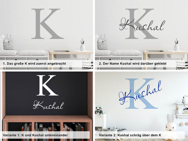 Verschiedene Anordnungen des Wandtattoos Kushal