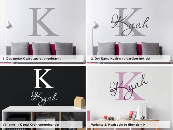 Verschiedene Anordnungen des Wandtattoos Kyah