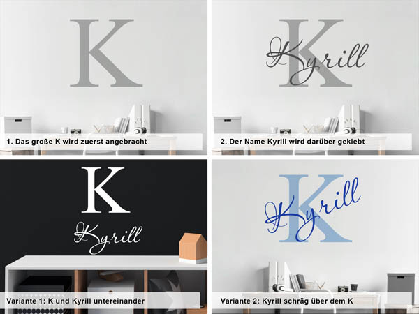 Verschiedene Anordnungen des Wandtattoos Kyrill