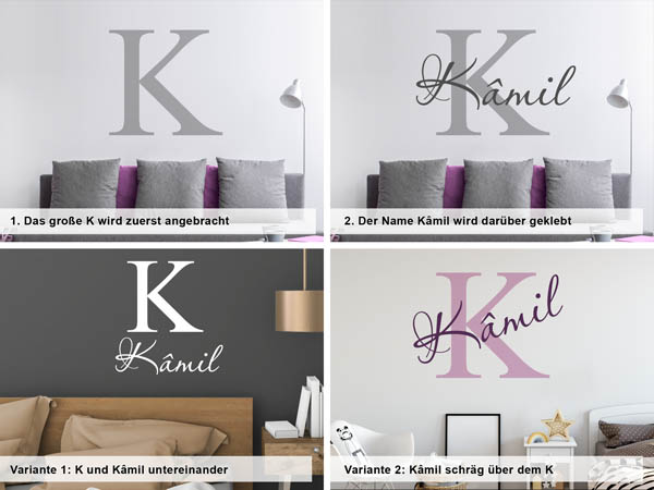 Verschiedene Anordnungen des Wandtattoos Kâmil