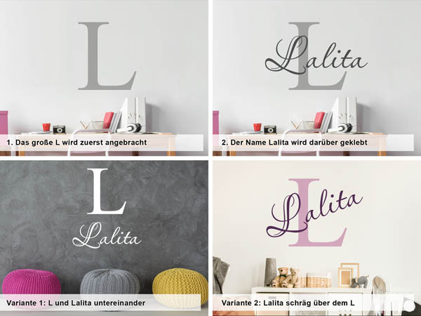 Verschiedene Anordnungen des Wandtattoos Lalita