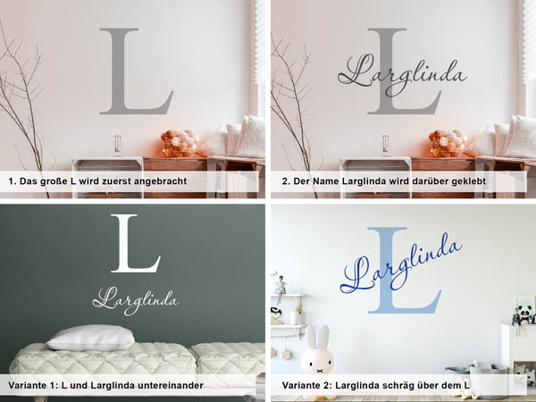 Verschiedene Anordnungen des Wandtattoos Larglinda