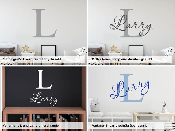 Verschiedene Anordnungen des Wandtattoos Larry