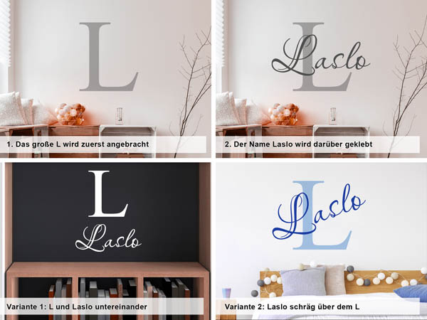 Verschiedene Anordnungen des Wandtattoos Laslo
