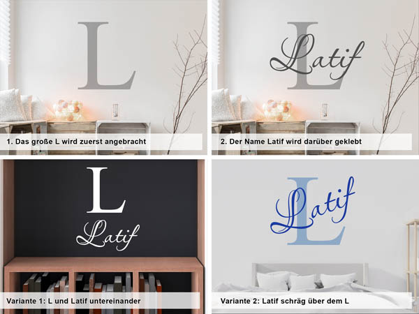 Verschiedene Anordnungen des Wandtattoos Latif