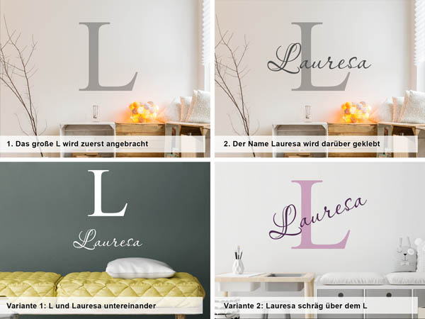 Verschiedene Anordnungen des Wandtattoos Lauresa