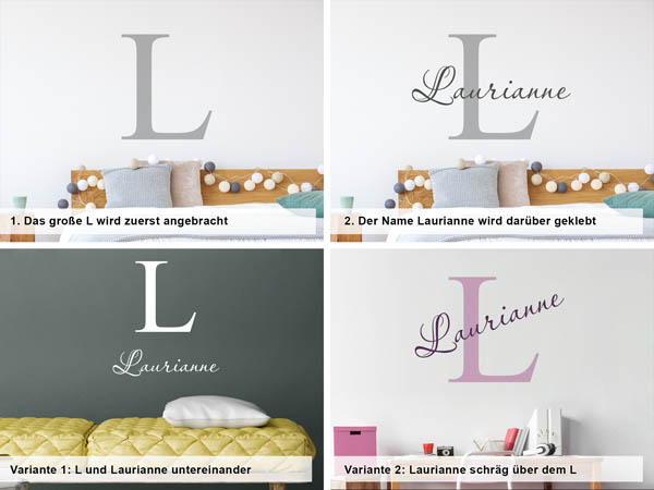 Verschiedene Anordnungen des Wandtattoos Laurianne