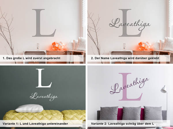 Verschiedene Anordnungen des Wandtattoos Laveathiga