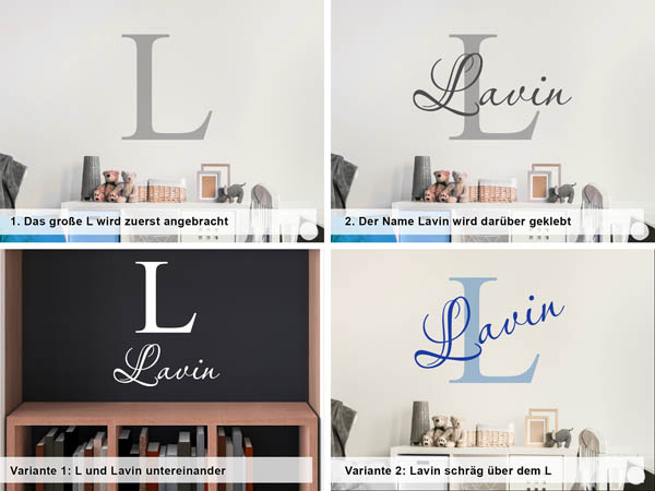 Verschiedene Anordnungen des Wandtattoos Lavin