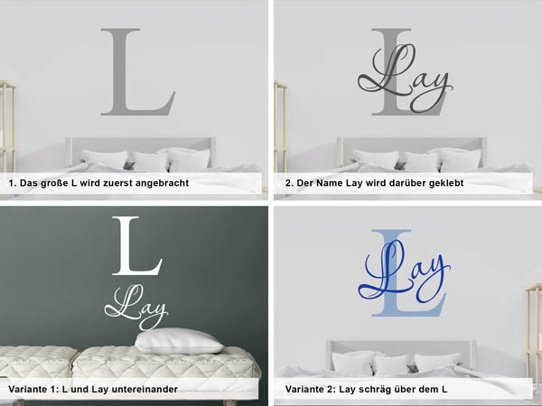 Verschiedene Anordnungen des Wandtattoos Lay