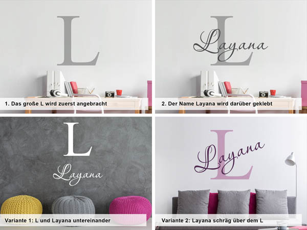 Verschiedene Anordnungen des Wandtattoos Layana