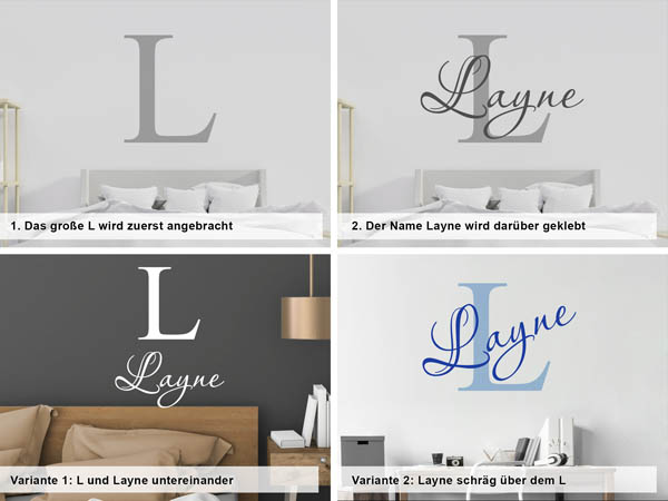 Verschiedene Anordnungen des Wandtattoos Layne