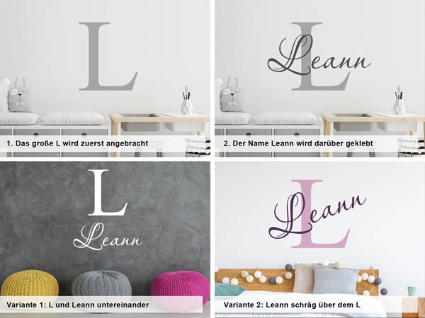Verschiedene Anordnungen des Wandtattoos Leann