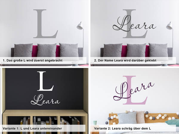 Verschiedene Anordnungen des Wandtattoos Leara