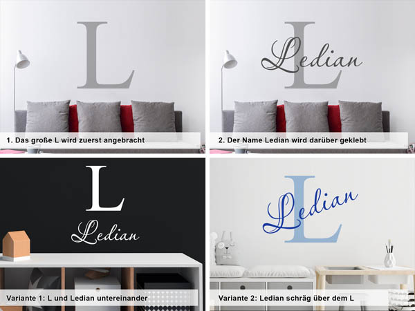 Verschiedene Anordnungen des Wandtattoos Ledian