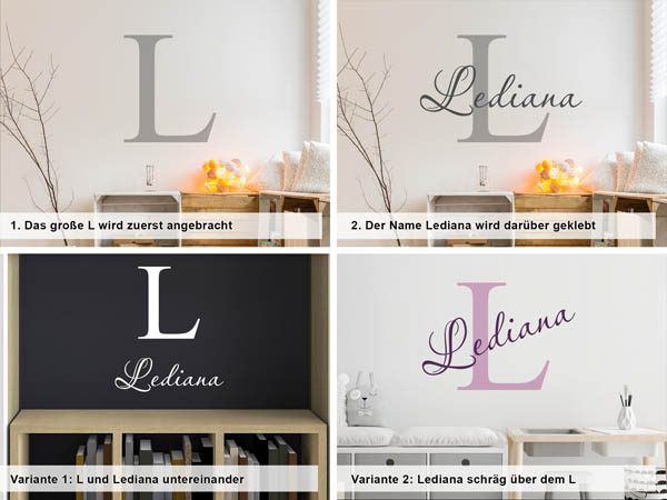 Verschiedene Anordnungen des Wandtattoos Lediana
