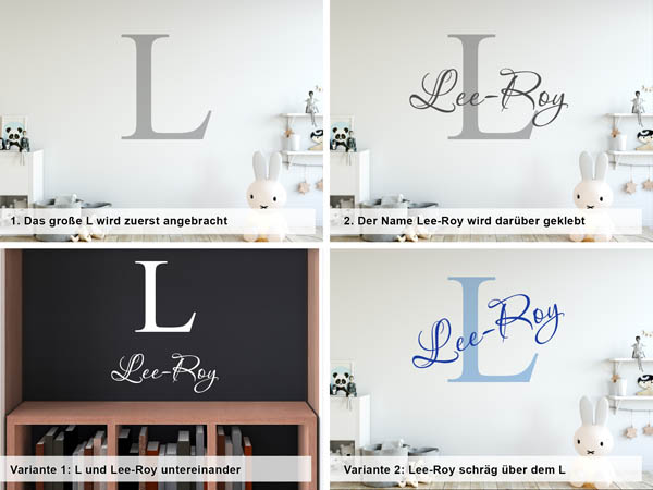 Verschiedene Anordnungen des Wandtattoos Lee-Roy