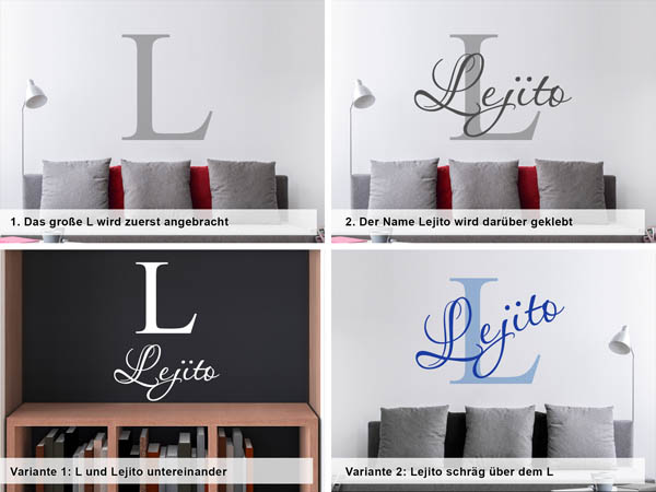 Verschiedene Anordnungen des Wandtattoos Lejito