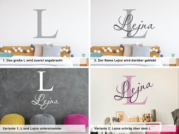 Verschiedene Anordnungen des Wandtattoos Lejna