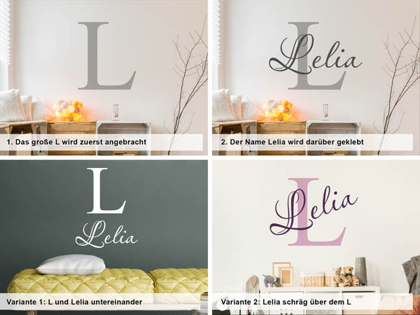 Verschiedene Anordnungen des Wandtattoos Lelia