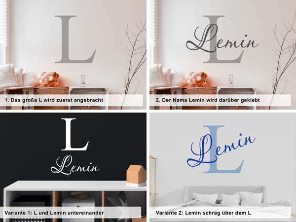 Verschiedene Anordnungen des Wandtattoos Lemin