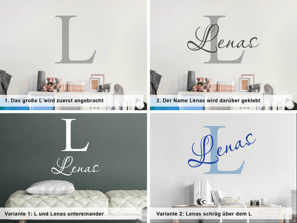 Verschiedene Anordnungen des Wandtattoos Lenas