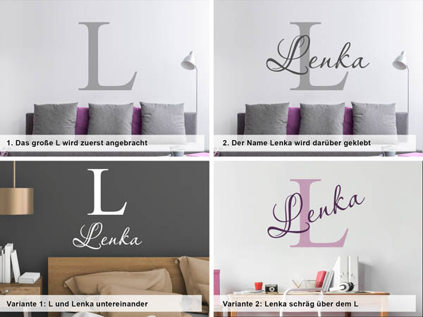 Verschiedene Anordnungen des Wandtattoos Lenka