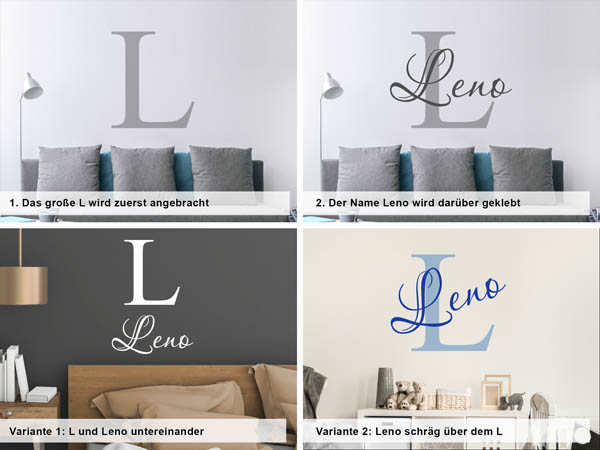 Verschiedene Anordnungen des Wandtattoos Leno