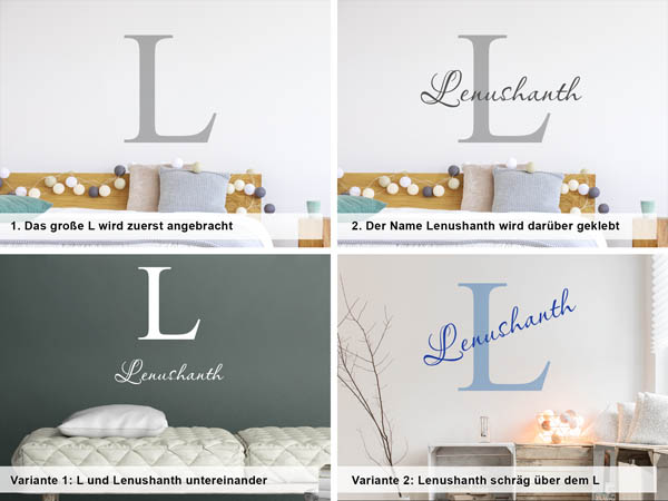 Verschiedene Anordnungen des Wandtattoos Lenushanth