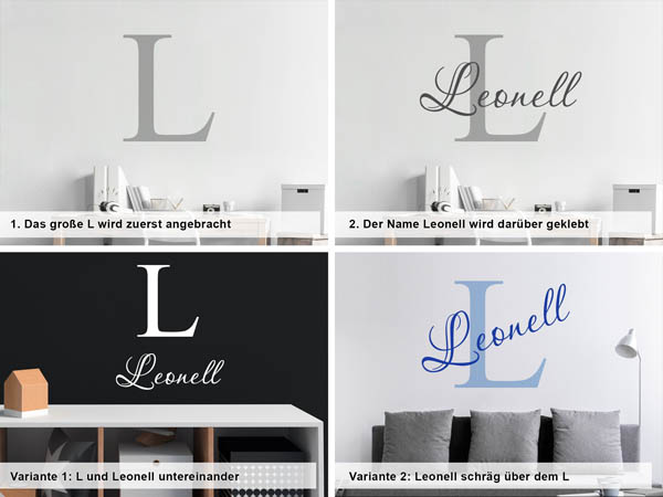 Verschiedene Anordnungen des Wandtattoos Leonell