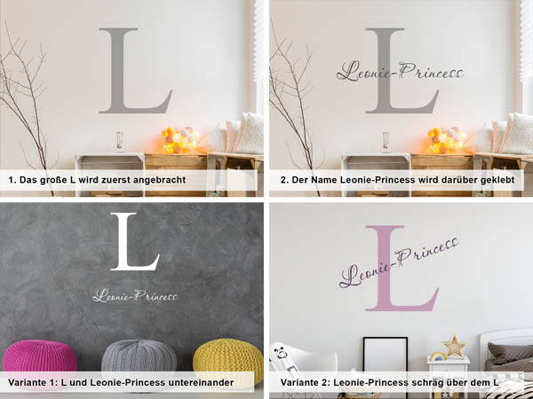Verschiedene Anordnungen des Wandtattoos Leonie-Princess