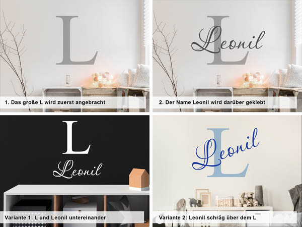 Verschiedene Anordnungen des Wandtattoos Leonil