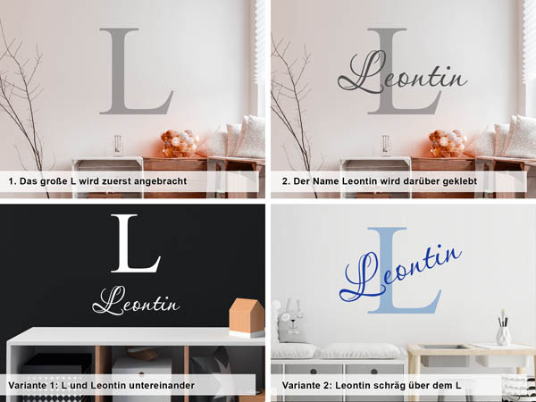 Verschiedene Anordnungen des Wandtattoos Leontin