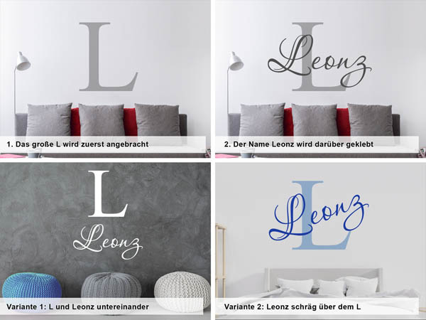 Verschiedene Anordnungen des Wandtattoos Leonz