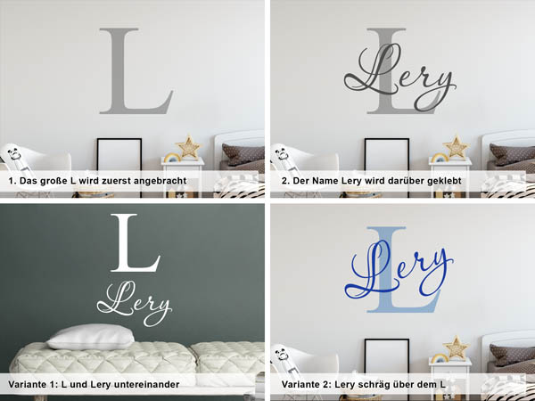 Verschiedene Anordnungen des Wandtattoos Lery