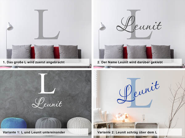 Verschiedene Anordnungen des Wandtattoos Leunit