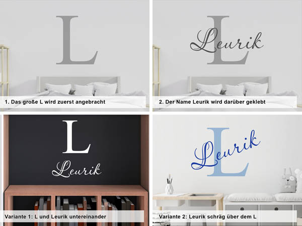 Verschiedene Anordnungen des Wandtattoos Leurik