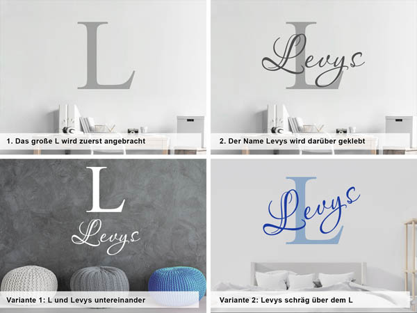 Verschiedene Anordnungen des Wandtattoos Levys
