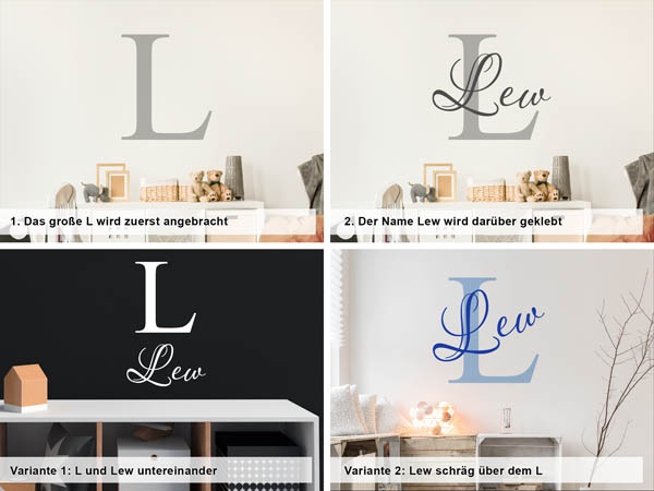 Verschiedene Anordnungen des Wandtattoos Lew