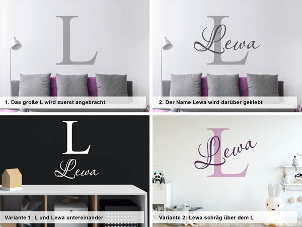 Verschiedene Anordnungen des Wandtattoos Lewa
