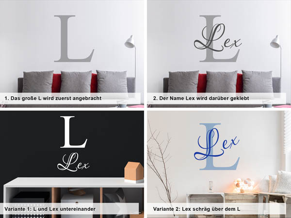 Verschiedene Anordnungen des Wandtattoos Lex