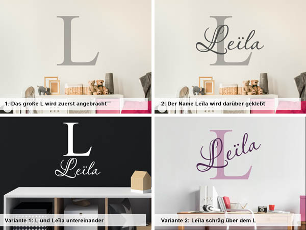 Verschiedene Anordnungen des Wandtattoos Leïla
