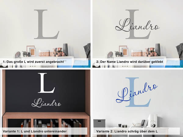 Verschiedene Anordnungen des Wandtattoos Liandro